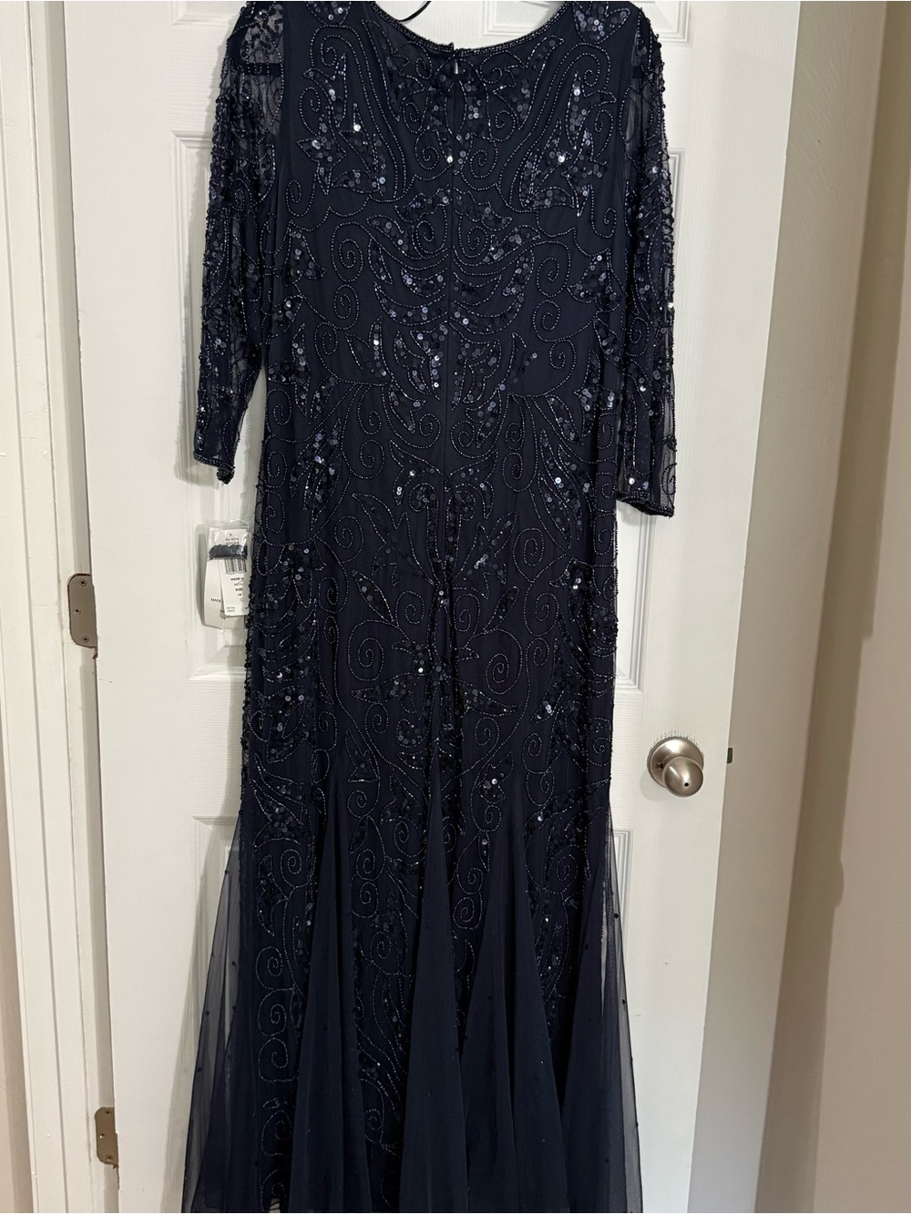NWT Pisarro Nights Navy Beaded Long Sleeve Evening Gown